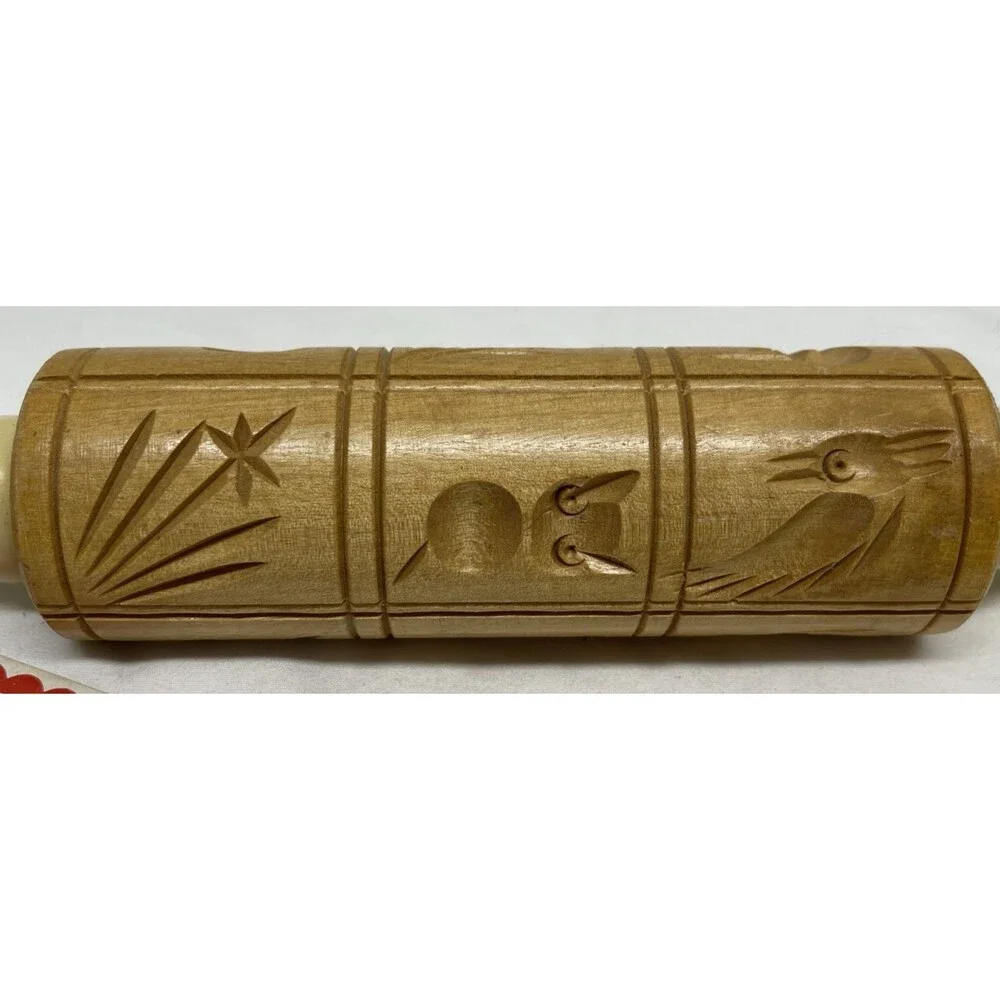 Vintage Carved Wooden Dough Rolling Pin Press for Springerle Cookies 14Lx2